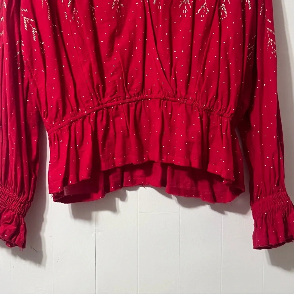Free People Counting Stars Puff Sleeves Ruffle Hem Boho Peasant Top Size S